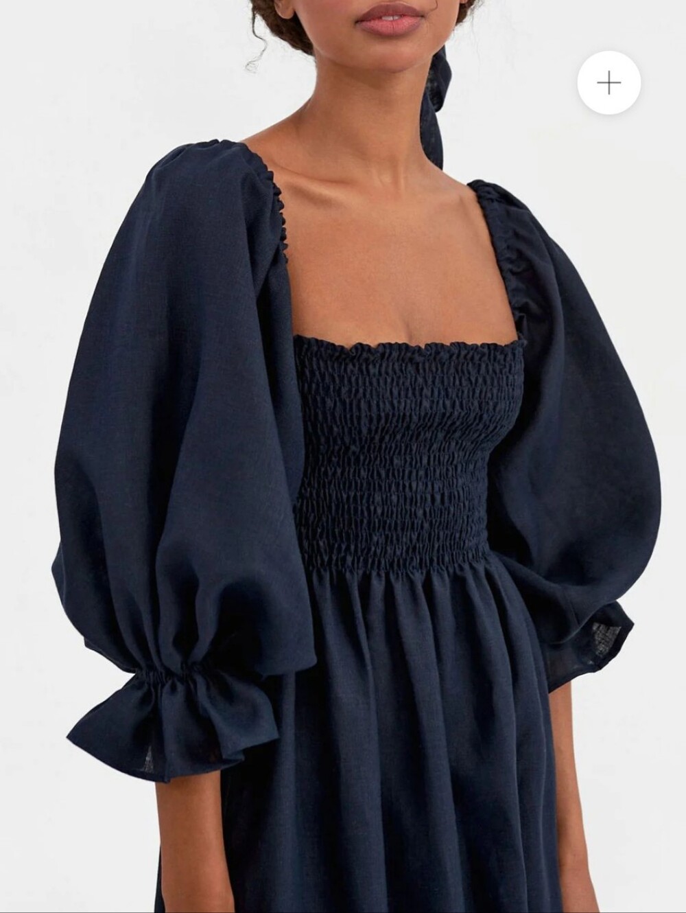 Sleeper Atlanta Linen Midi Dress In Navy Large Smocked Bodice - Picture 4 of 12